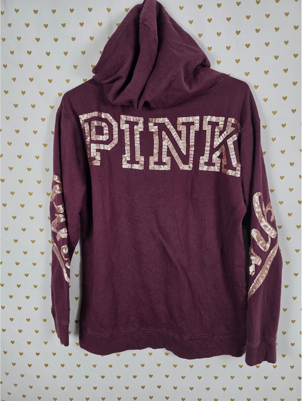Victorias Secret PINK Matte Gold Bling Hooded Tee shirt XS OVERSIZED